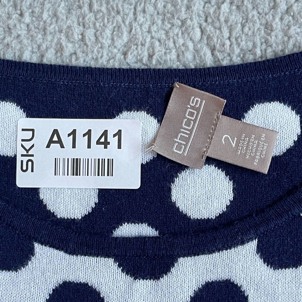 Chico's Pullover Sweater Women Size L (2) Blue White Polka Dot Striped - Picture 2 of 8